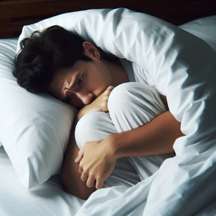 Homme recroquevillé inquiet dans son lit